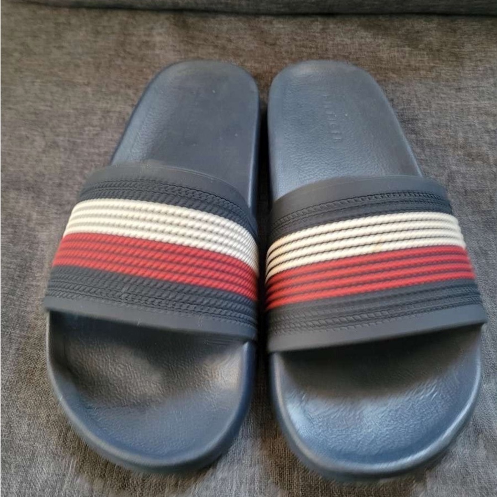 Tommy Hilfiger Navy Slide Sandals with Red and Cream Stripes